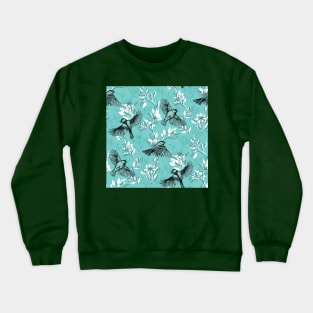 Flowers and Flight in Monochrome Teal Crewneck Sweatshirt